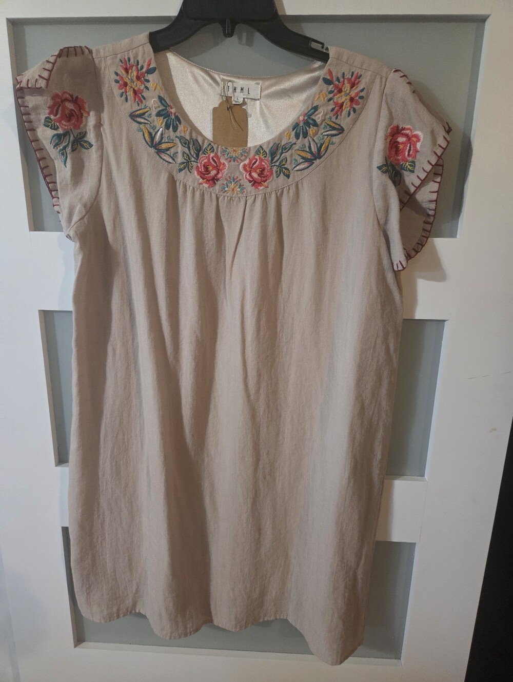 THML Cream Embroidered Floral T L TAN DRESS